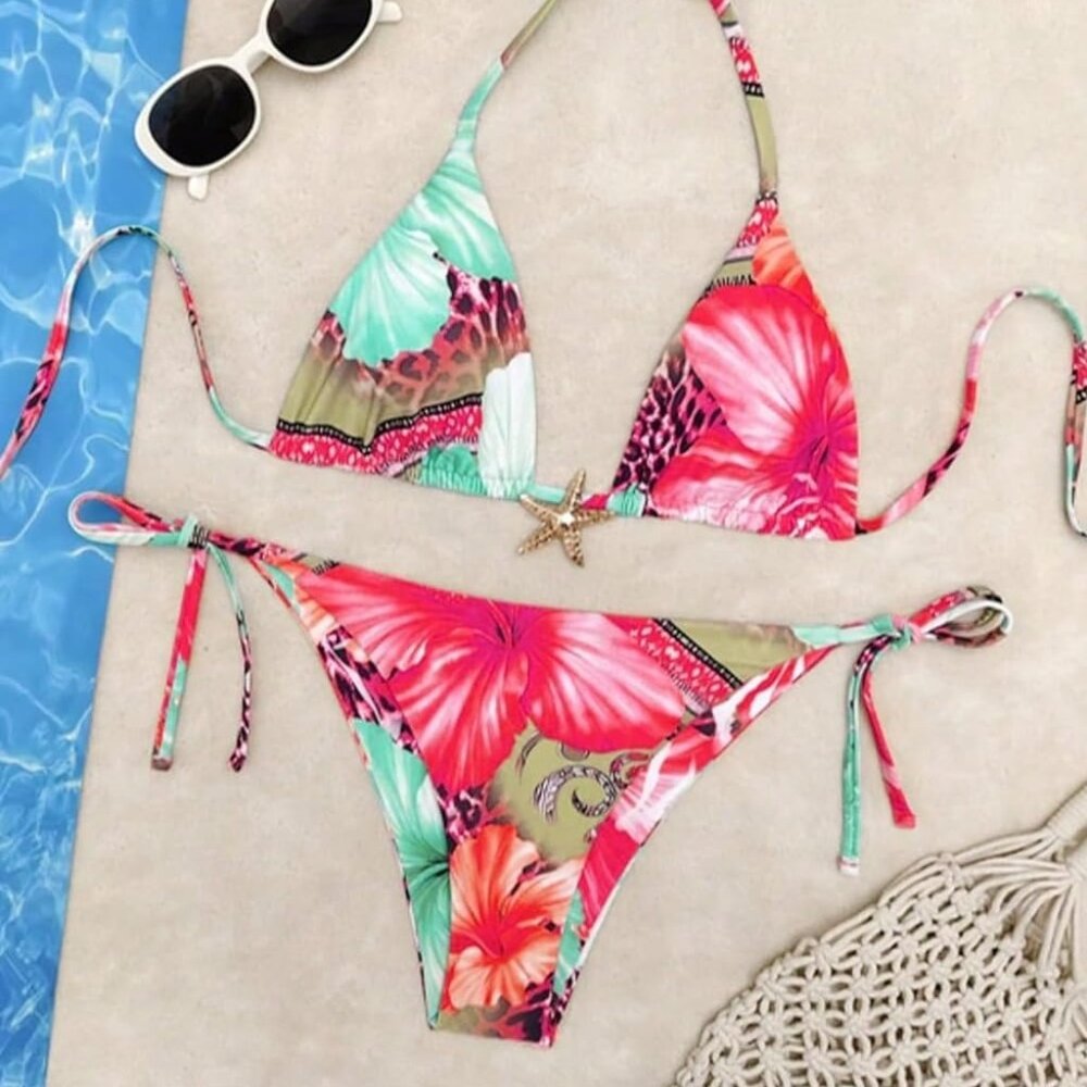 2 Piece Leopard Floral Bikini Swimsuit Halter Triangle String Bathing Suit SMALL